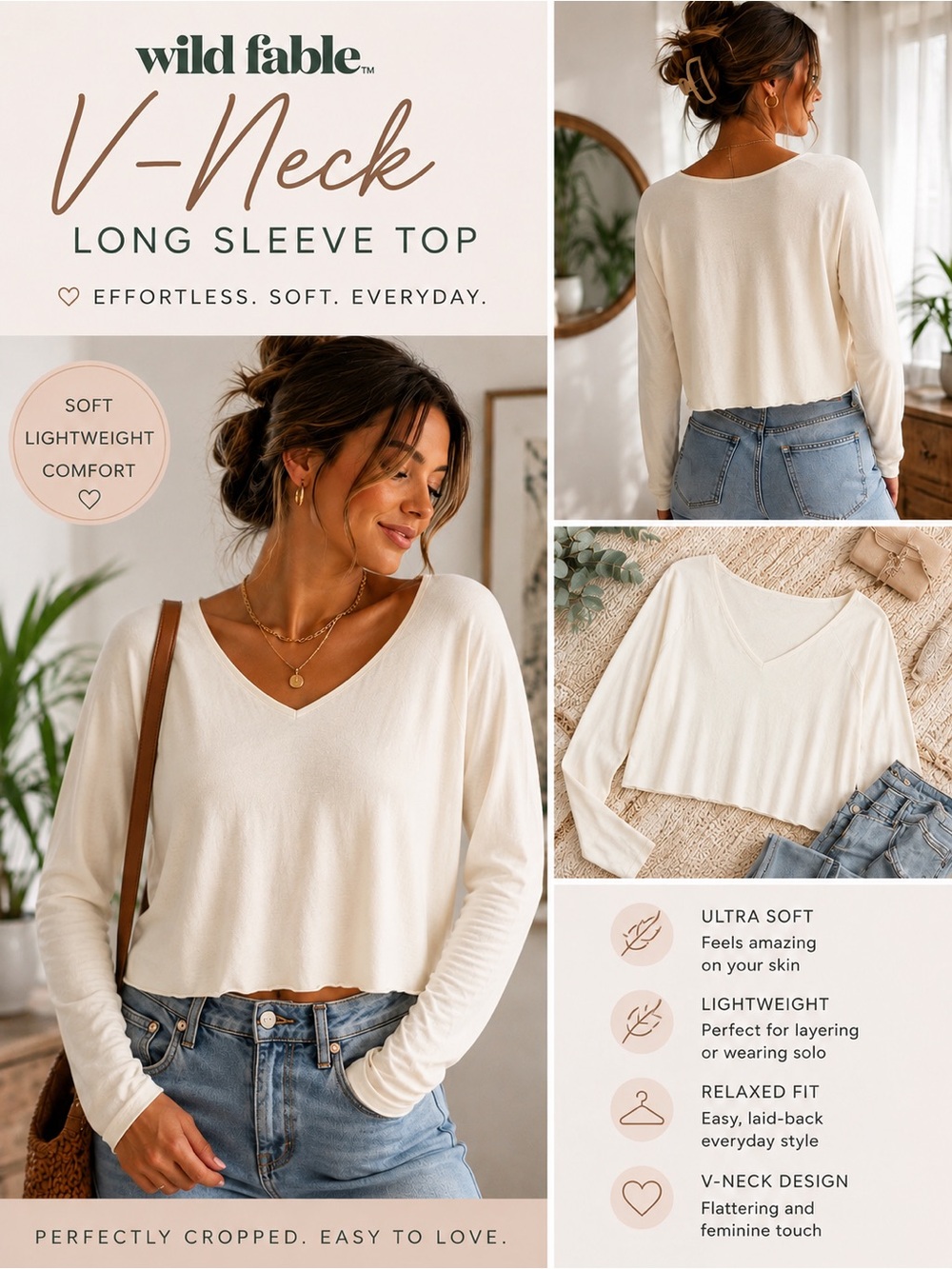 wild fable V-Neck Long Sleeve Top — Ivory